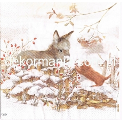 Serwetka   -531-    zima, osiołek z kotkiem   , wzór 4 - krotny